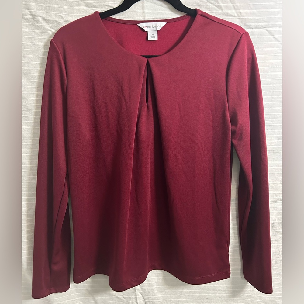Liz Claiborne Women's Key Hole Blouse Burgundy Long Sleeve Size M